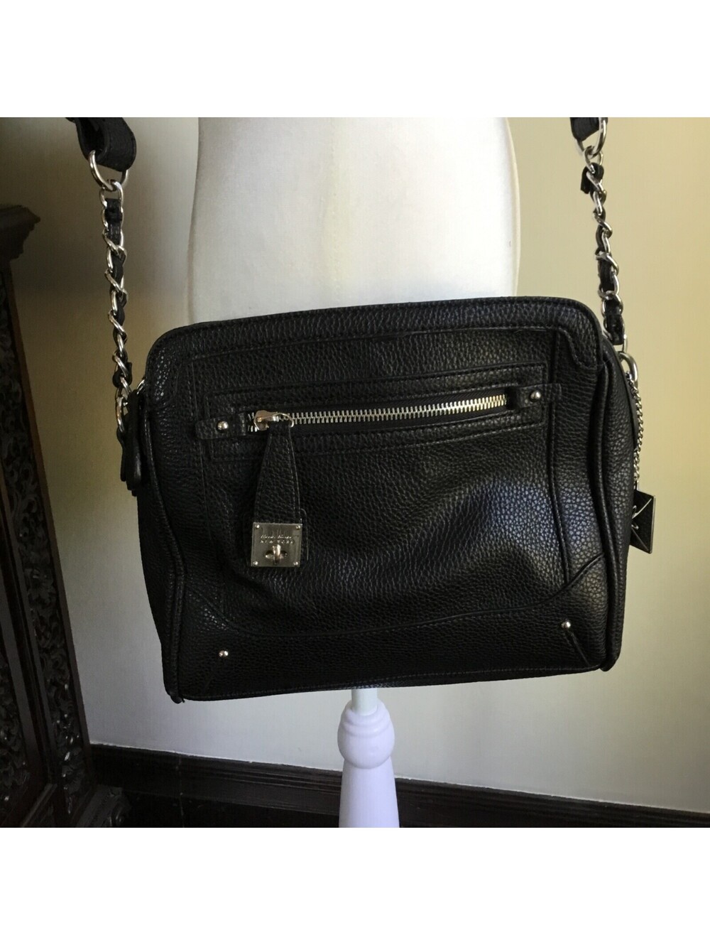 NICOLE MILLER CROSSBODY HANDBAG PURSE BLACK CHAIN STRAP Leopard Print Pebbled
